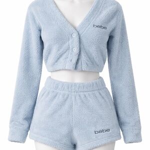 bebe Light Blue Fuzzy Cropped Cardigan and Shorts Set